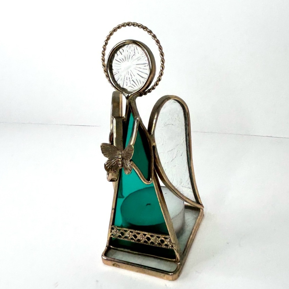 Green Stain Glass Angel Tea Light Angel Holding a Butterfly